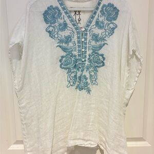 Johnny Was White Embroidered Top with Blue Floral Design